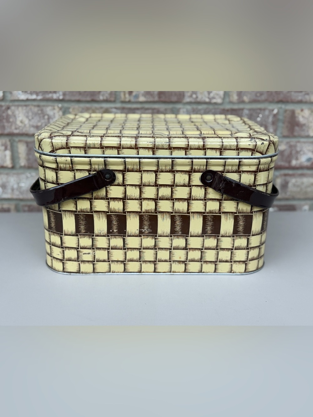 Vintage Woven Print Picnic Basket - Yellow & Brown